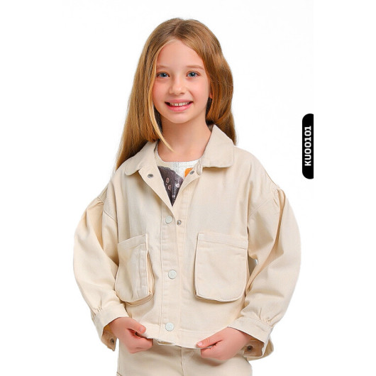 Pointed Collar Double Pocket Snap Coated Girl Shirt 5, 14 Years