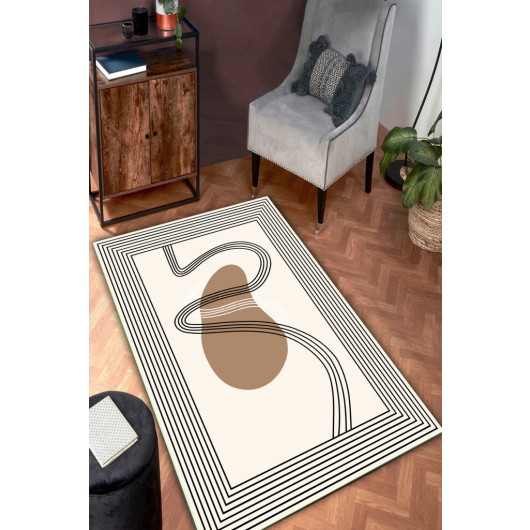 Digital Printed Cream Colored Black Geometric Line Patterned Living Room And Runner Carpet