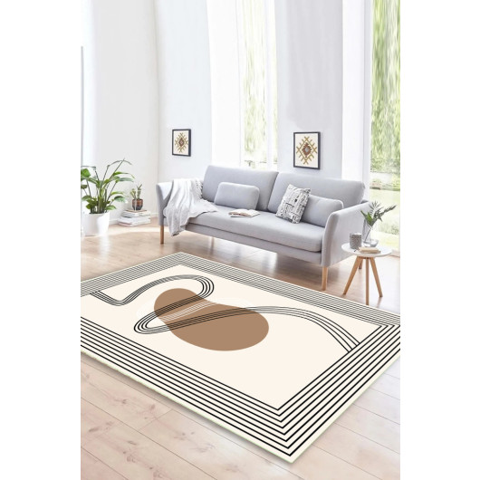 Digital Printed Cream Colored Black Geometric Line Patterned Living Room And Runner Carpet