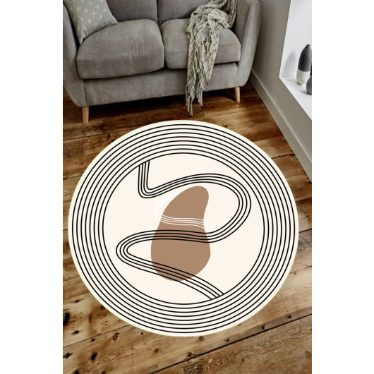 New Season Digital Printed Cream Colored Black Geometric Line Bubble Patterned Round Living Room Carpet