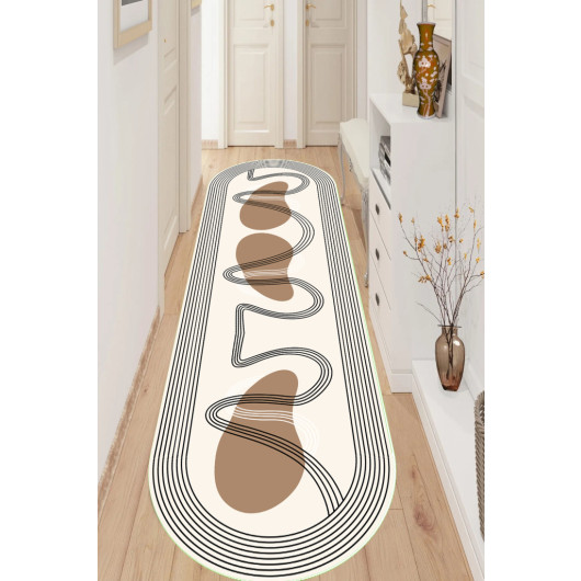 Cream Colored Black Geometric Line Patterned Oval Living Room And Runner Carpet