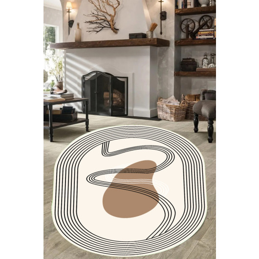 Cream Colored Black Geometric Line Bubble Patterned Oval Living Room And Runner Carpet