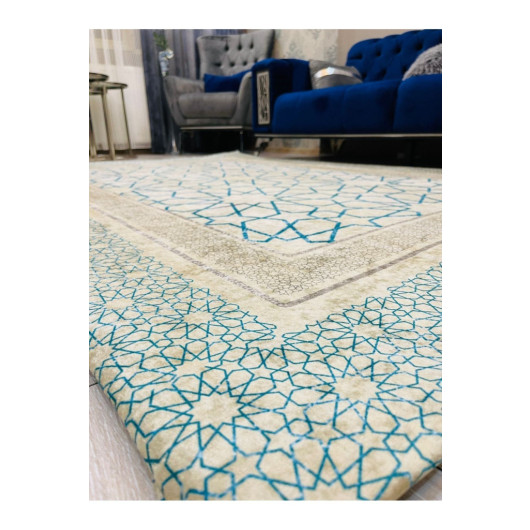 Blue Turkish Carpet Cover With Elegant Velvet Decorations