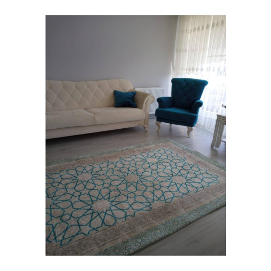 Blue Turkish Carpet Cover With Elegant Velvet Decorations