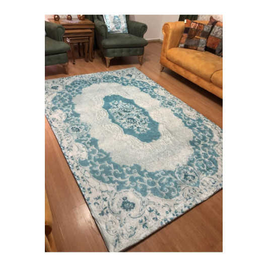 Blue And White Velor Carpet Cover Decorated With Ornaments