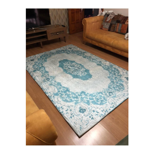 Blue And White Velor Carpet Cover Decorated With Ornaments