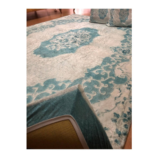 Blue And White Velor Carpet Cover Decorated With Ornaments
