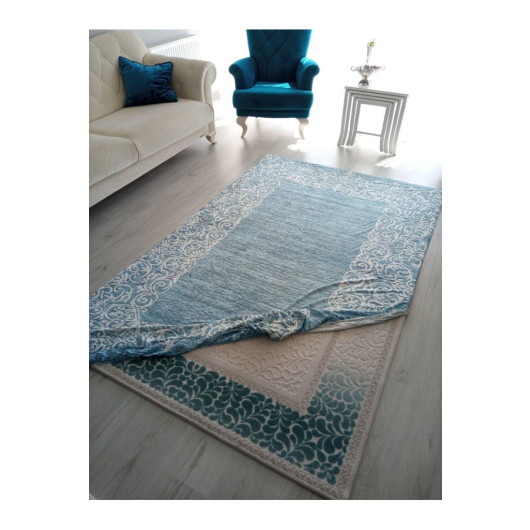 Modern Blue Carpet Cover With Silk Frame Decoration