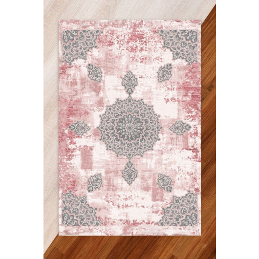 Silky Pink Rug Cover With Gray Motifs