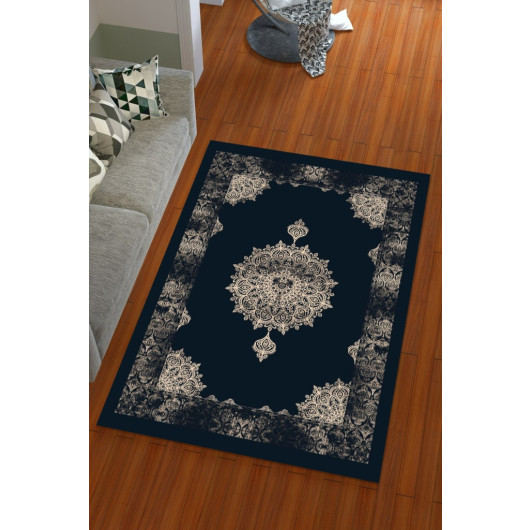 Silk Velvet Navy Blue Color Ottoman Pattern Elastic Carpet Cover