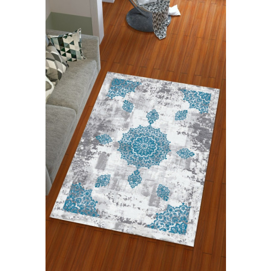 Silk Velvet Blue Gray Colored Sultan Pattern Elastic Carpet Cover