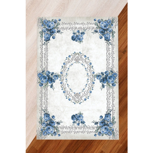Floor Carpet With Ottoman Motifs And Blue Flowers