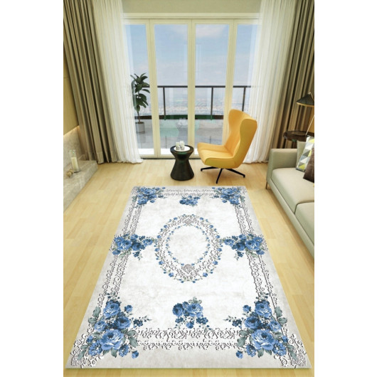 Floor Carpet With Ottoman Motifs And Blue Flowers