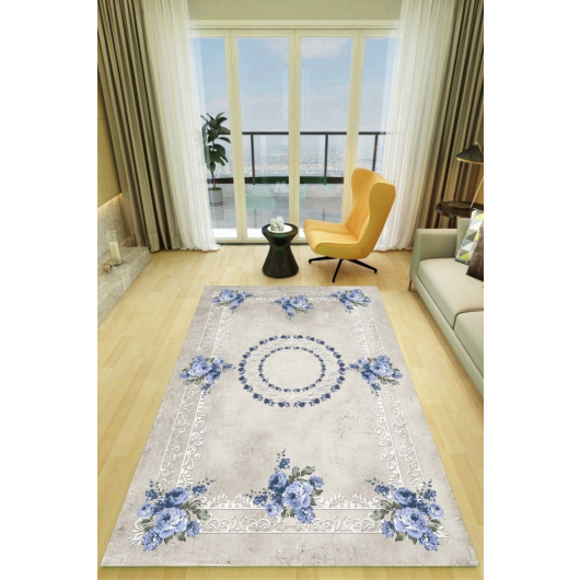 Gray Floor Rugs With Ottoman Motifs And Blue Flowers