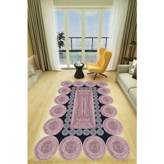 Modern Rug With A Pink And Brown Circle Frame