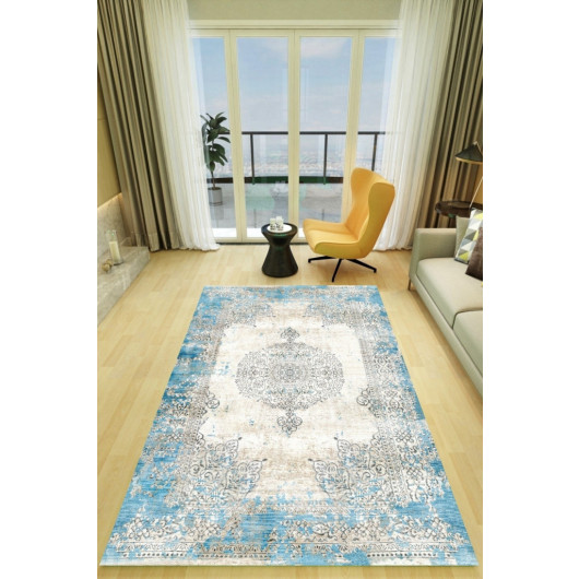 Blue Floor Carpet With Elegant Ottoman Motifs