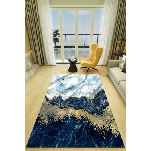 Non Slip Base Blue Gold Color Modern Stone Marble Pattern Multi-Purpose Decorative Carpet