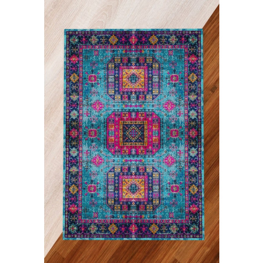 Classic Blue Rug With Colorful Decorations