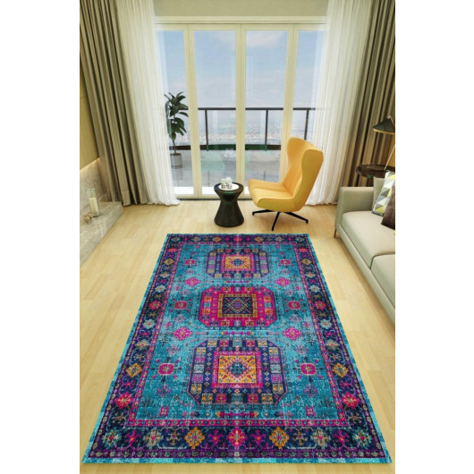 Classic Blue Rug With Colorful Decorations