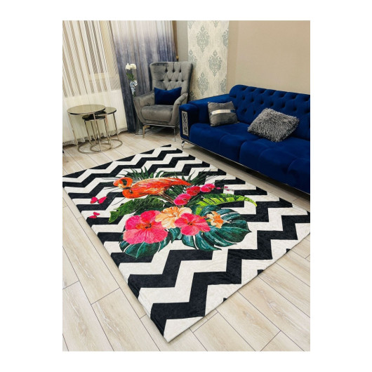 Modern Velor Rug With A Flamingo And Flower Pattern