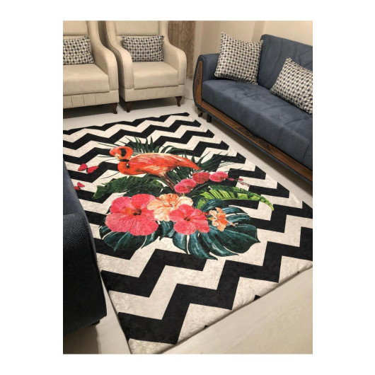Modern Velor Rug With A Flamingo And Flower Pattern