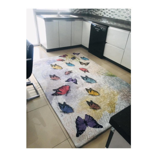 Turkish Rug Cover Decorated With Silky Colorful Butterflies