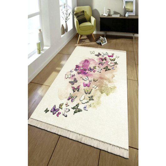 Beige Rug Decorated With Colorful Butterflies