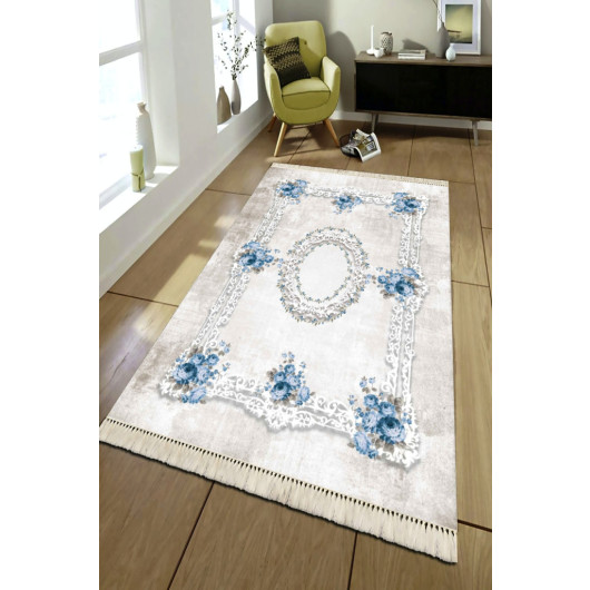 Gray Rug Decorated With Ottoman Motifs And Blue Flowers