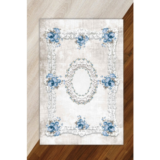 Gray Rug Decorated With Ottoman Motifs And Blue Flowers