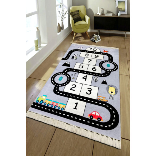 Modern Gray Children's Carpet Decorated With Drawings