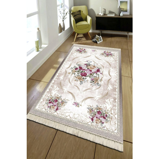 Cream Rug Decorated With Ottoman And Floral Motifs