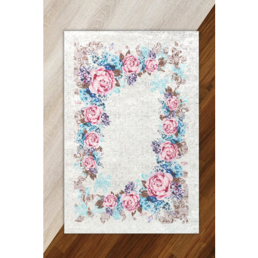 Stain Resistant Blue Pink Non Slip Base Flower Border Pattern Carpet