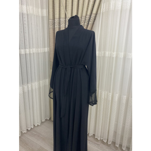 Womens Black Abaya With Tulle Sleeves, Standard Size