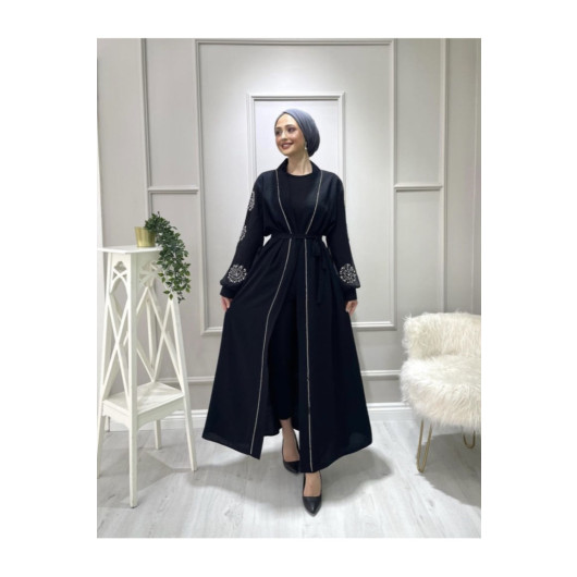 Womens Black Abaya Decorated With Pearls, Size 38
