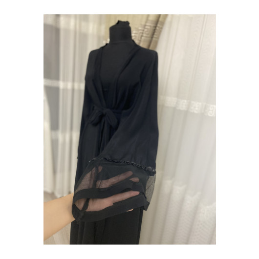 Womens Abaya With Black Tulle Sleeves, Standard Size