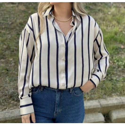 Womens White Striped Satin Shirt, Size 42