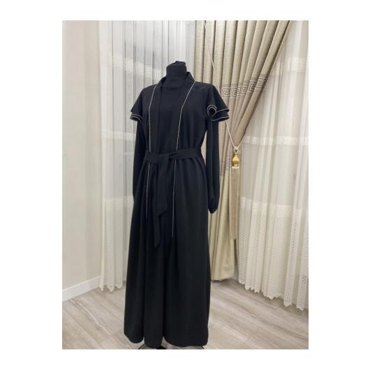 Black Abaya Dress Decorated With Stones, Size 40