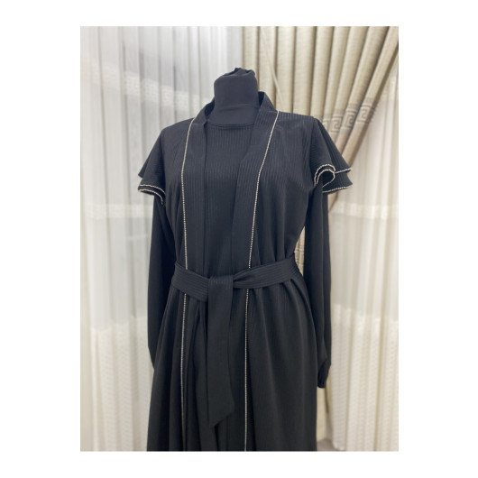 Black Abaya Dress Decorated With Stones, Size 42