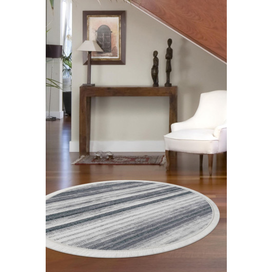 Gray Fringed Digital Round Carpet Non Slip Washable 100X100