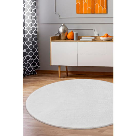 White Round Fleece Woven Carpet Plush Soft Anti Slip Antibacterial