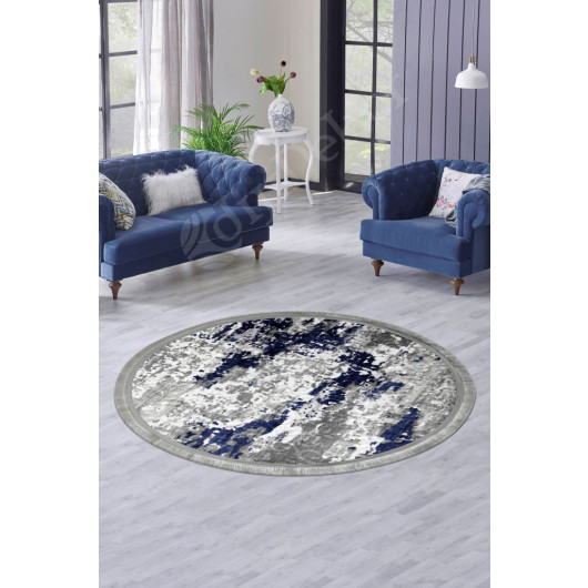 Deluxe Navy Blue Gray Fringed Leather Base Round Carpet