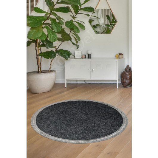 Anthracite Fringed Digital Round Carpet Non Slip Washable Entrance Living Room Carpet