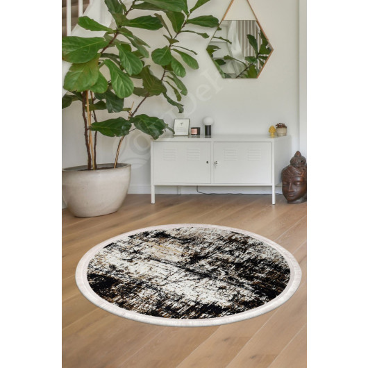 Black Fringed Digital Round Carpet Non Slip Washable Kitchen Rug