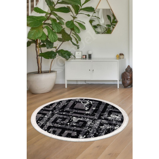 Black Fringed Digital Round Carpet Non Slip Washable Kitchen Entrance Carpet