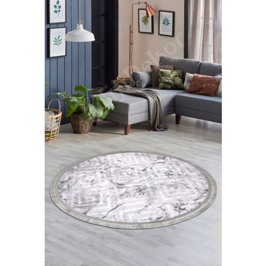 Gray Round Fringed Washable Non Slip Living Room Carpet