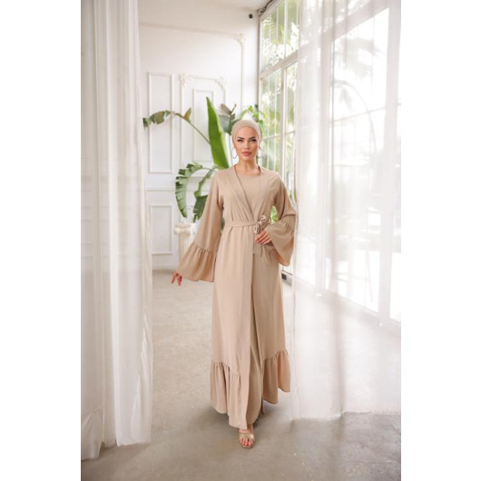 Ruffled Two Suit Abaya Beige