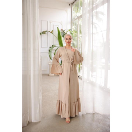 Ruffled Two Suit Abaya Beige