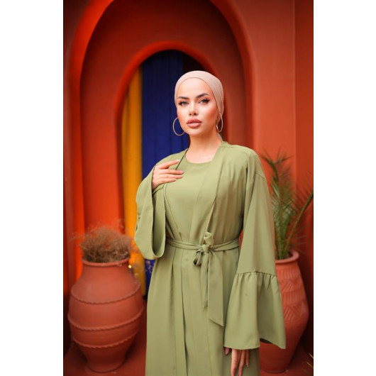 Ruffled Two Suit Abaya Pistic Green