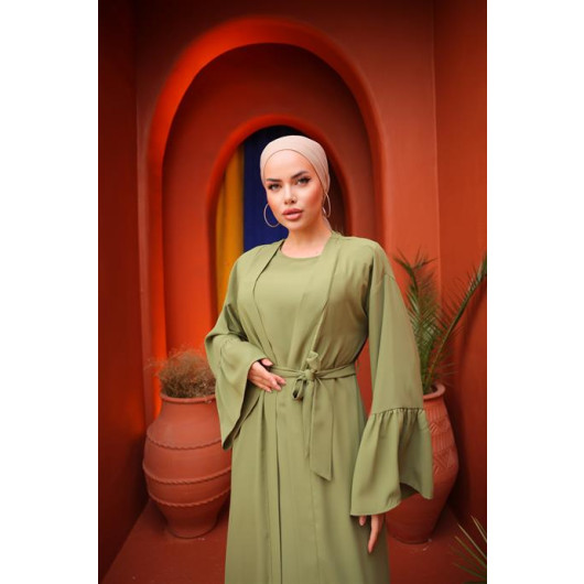 Ruffled Two Suit Abaya Pistic Green