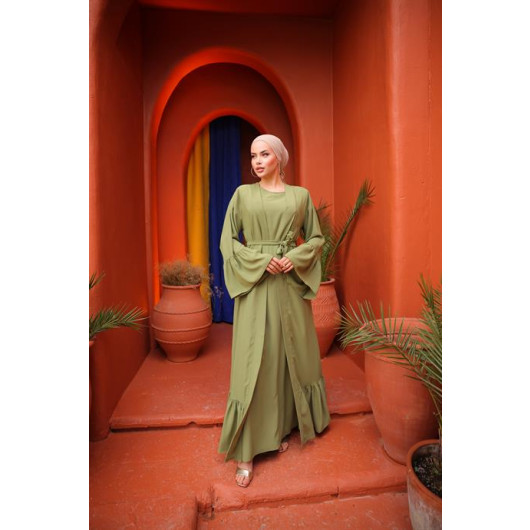 Ruffled Two Suit Abaya Pistic Green